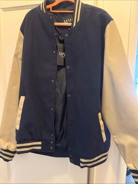 Boohoo Navy and Cream Varsity Bomber Jacket